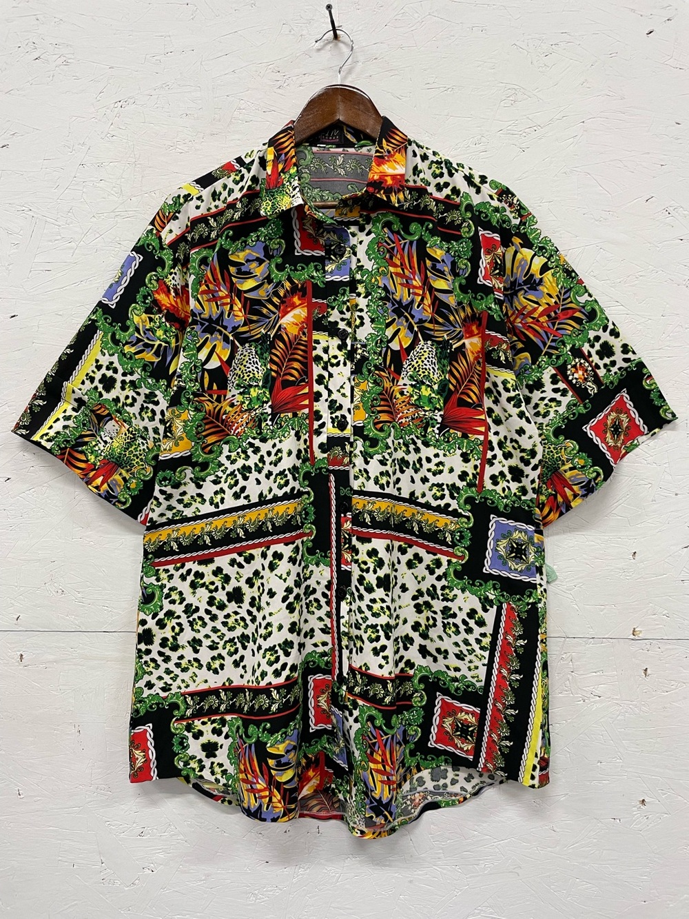 Custom Vintage Baroque Leopard Print Button Down Shirt, Size L